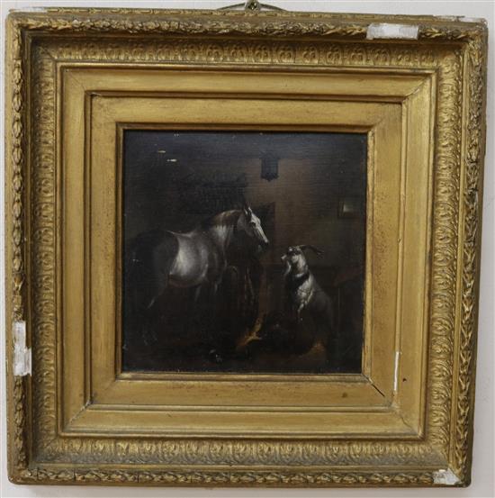 After Landseer, oil on board, stable scene of horse and a goat 14 x 14cm